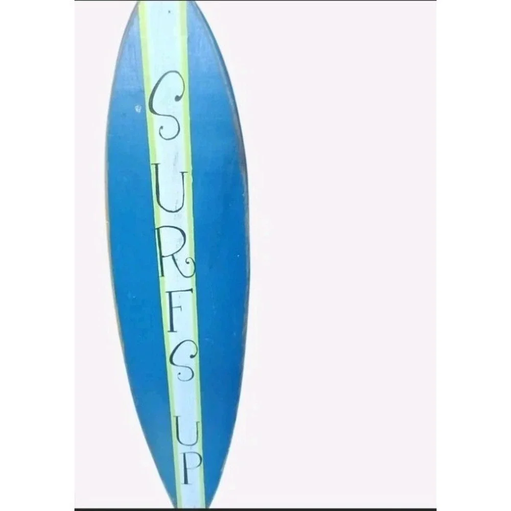 Blue Wooden Surfboard Wall Hanging With Yellow And White Stripes Home Decor